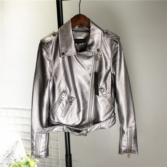 Metallic Bikers Jacket in Streetwear Vintage Style PU Leather - Etsy