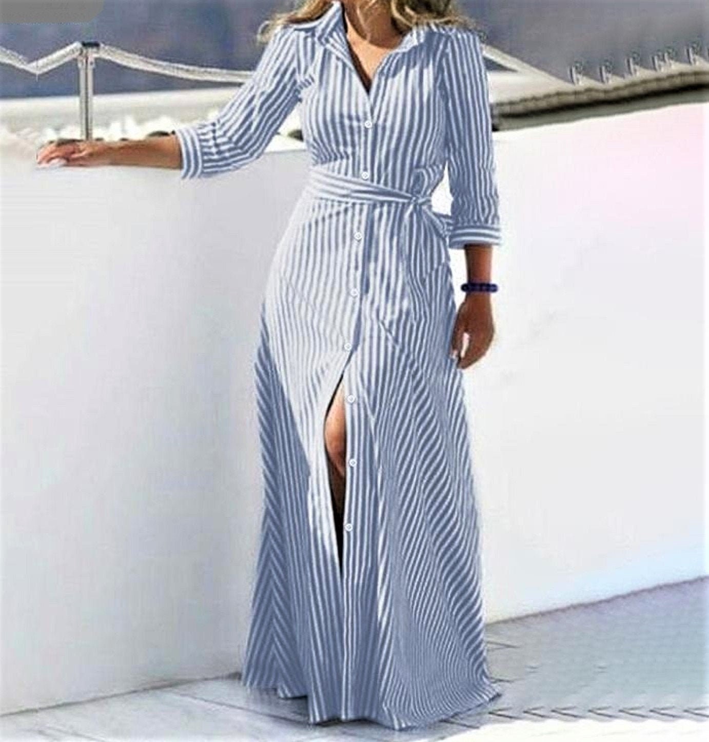 Summer Stripe Maxi Dress Button Front With Tie Belt in Blue or - Etsy