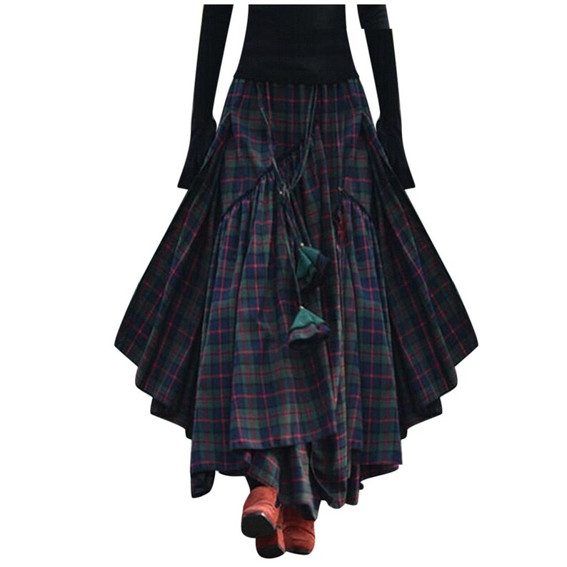 Womens Plaid Skirt Tartant Print Asymmetrical Long Skirt With - Etsy