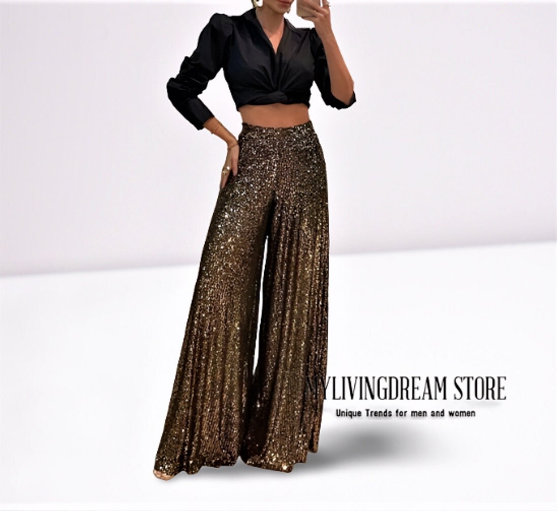 Womens High Waist Sequin Long Flared Pants Sizes XS 3XL - Etsy