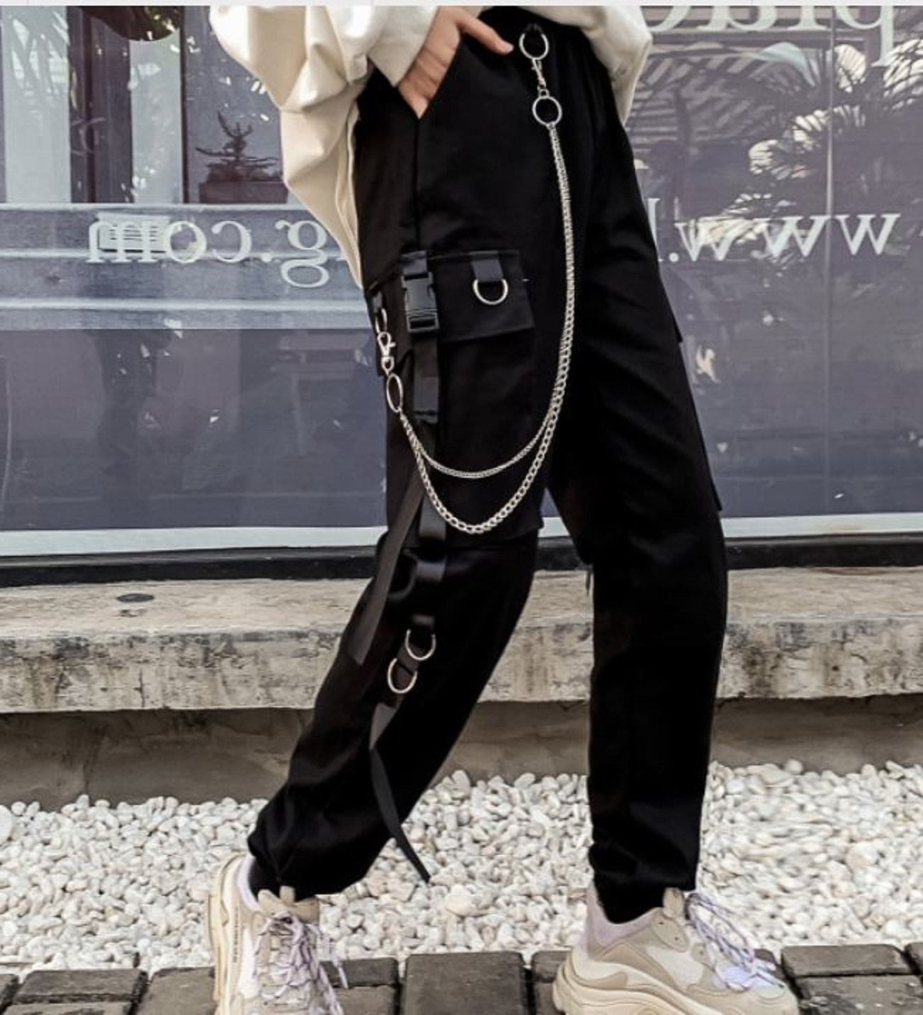 Womens Black Cargo Pants Streetwear Punk Style With Chains and - Etsy