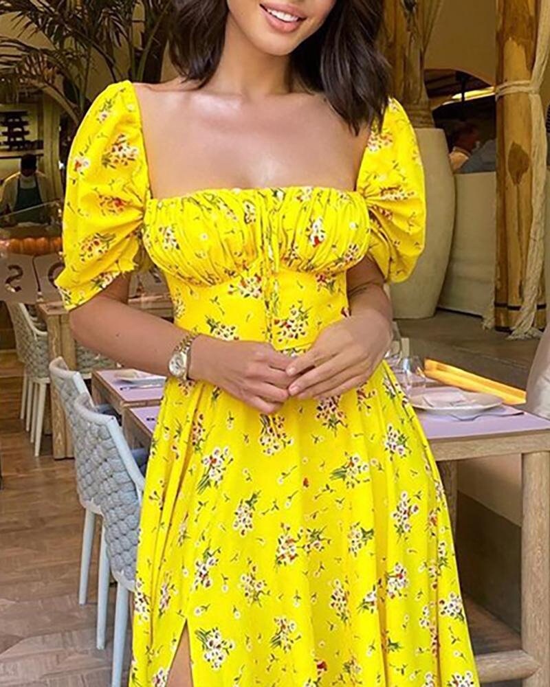 Summer Maxi Dress in Yellow Ditsy Print With Puff Short | Etsy