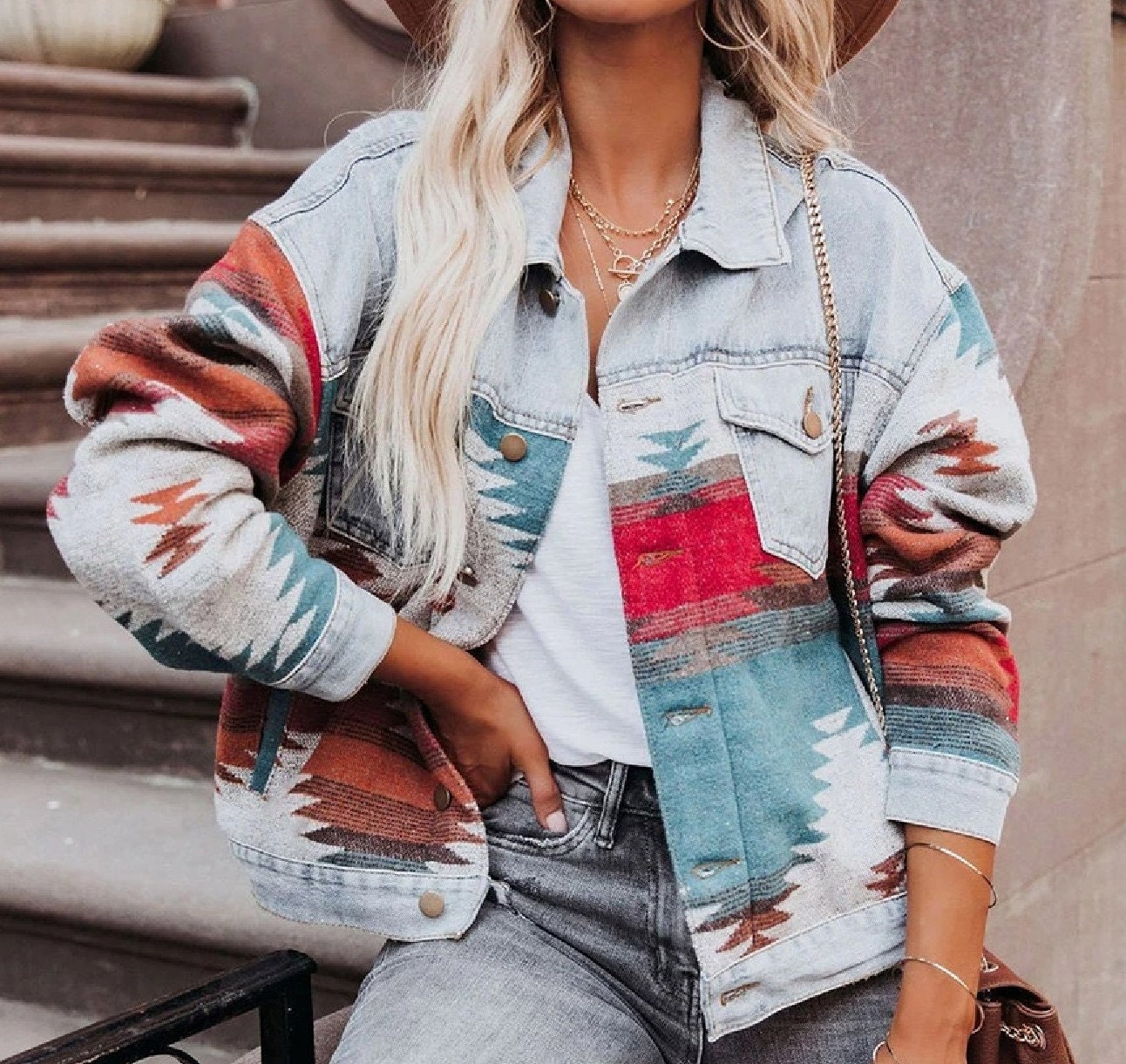 Retro Denim Jacket With Aztec Patch 