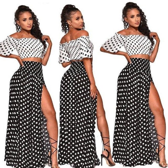 White Crop Top and Polka Dots Skirt Set