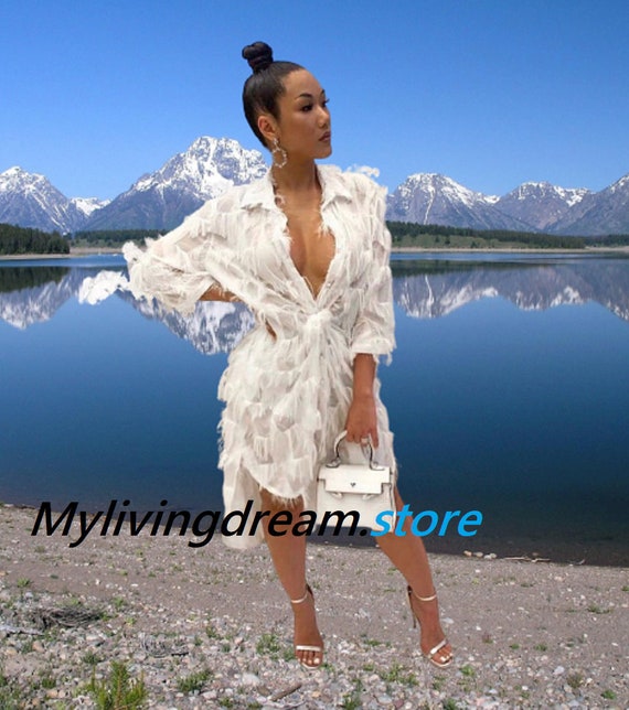 Glam Feather Effect Designer Style Shirt Dress With Dropped Hem to