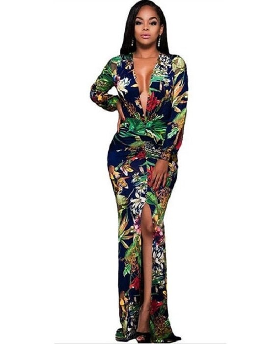 Mylivingdreamstore Stunning Tropical Print Long Dress with Low Cut Neckline \u0026 Split Front to The Bottom