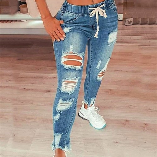 Womens Distressed Stretch Denim Jeans Ripped and Distressed - Etsy