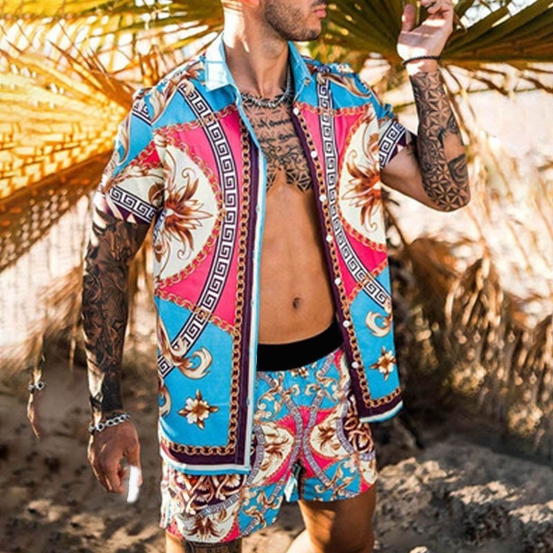 Summer Men's Vintage Tracksuit Monogram Print T-shirt Shorts Set