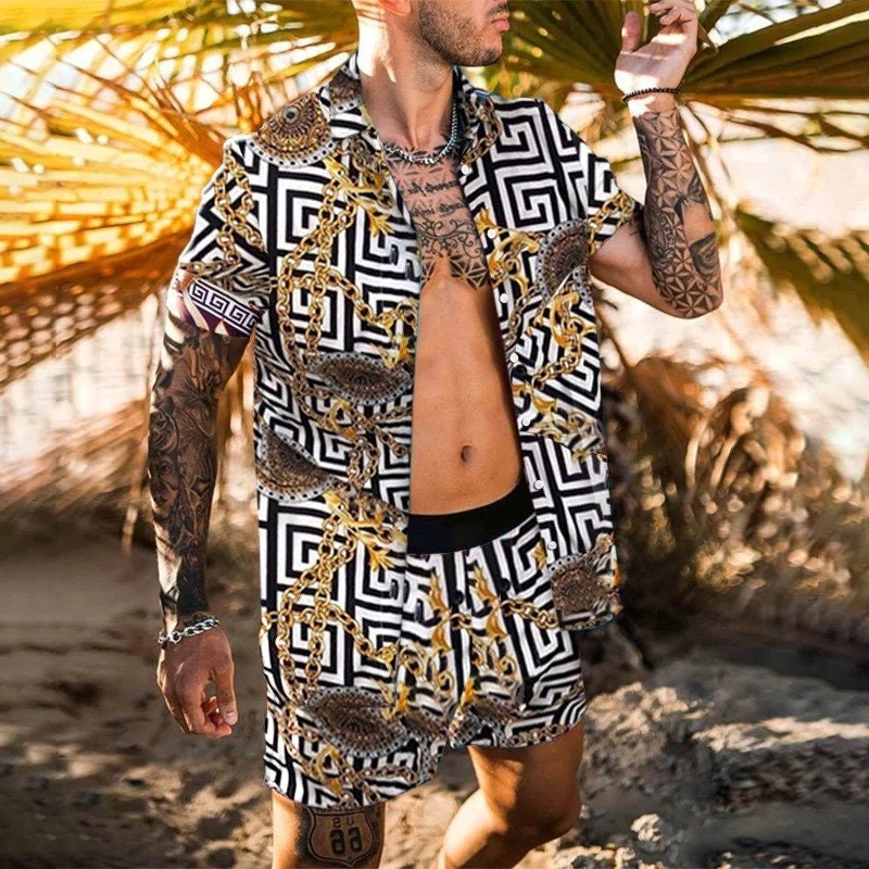 Mylivingdreamstore Mens Tropical Print Shirt and Shorts Set 2 Exotic Prints Great Casual Streetwear or Beachwear in Sizes S - XXXL