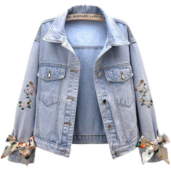 Womens Embroidered Denim Jacket With Floral Bows to Long Etsy