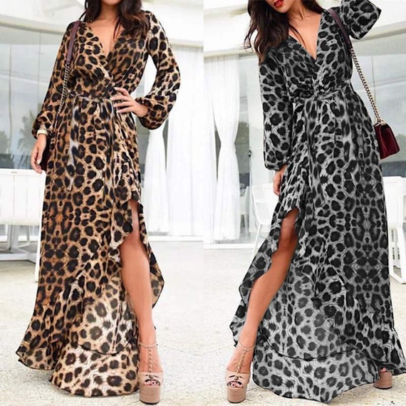 Glam Leopard Print Wrap Style Long Dress Black or Brown Small | Etsy