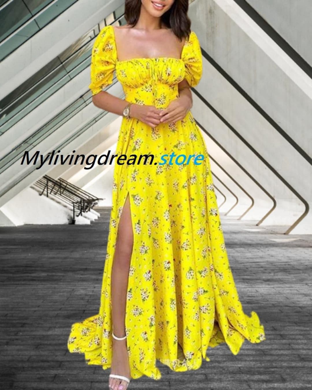 Summer Maxi Dress in Yellow Ditsy Print With Puff Short Sleeves Sizes 8 ...