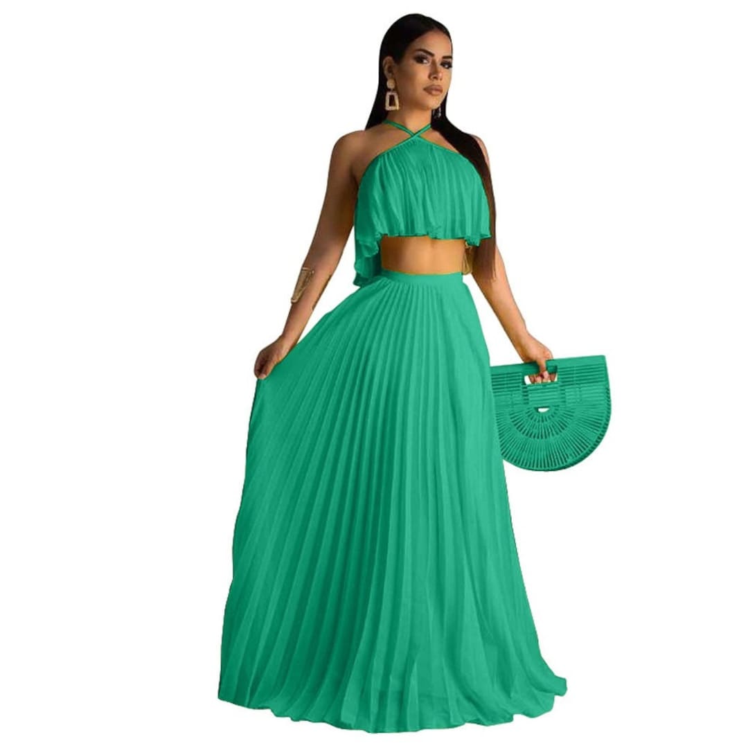 Two Piece Set With Crop Top and Long Pleated Skirt Set Many Colours ...