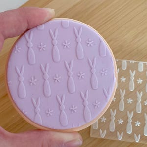 May include: A round, light purple cookie with a pattern of embossed bunnies and small flowers. The cookie has a light orange border. A clear plastic sheet with the same bunny and flower pattern is next to the cookie.