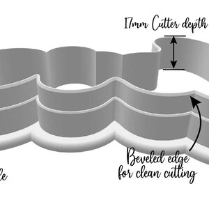 May include: A gray plastic cookie cutter with a rounded handle and beveled edge for clean cutting. The cutter depth is 17mm. The design is a wavy shape, suitable for baking and crafting.