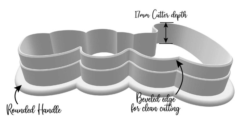May include: A gray plastic cookie cutter with a rounded handle and beveled edge for clean cutting. The cutter depth is 17mm. The design is a wavy shape, suitable for baking and crafting.