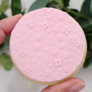 May include: A round cookie with a light pink frosting decorated with embossed floral designs. The cookie has a light brown edge and is held by a hand, with green foliage in the background.