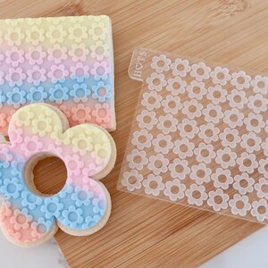 May include: A flower-shaped cookie and a square cookie, both decorated with a pastel rainbow gradient and small flower imprints. A clear plastic stencil with a flower pattern is also present. The cookies sit on a wooden surface.