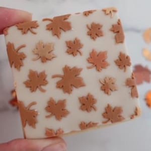 May include: A square cookie with a white icing base, adorned with brown maple leaf patterns. The cookie is held by a hand, highlighting the autumnal theme. The leaves are in various shades of brown.