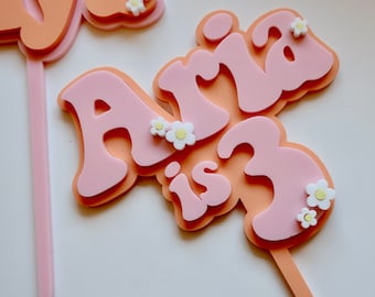 Personalised Retro Flower Power Groovy Cake Topper: Acrylic Birthday Party Decor
