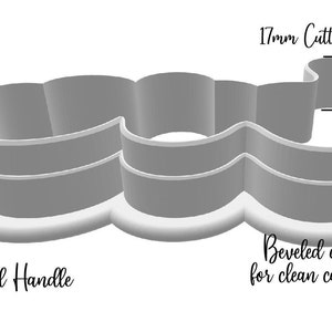 May include: A grey cookie cutter with a rounded handle and a beveled edge for clean cutting. The cutter depth is 17mm. The text on the image says "Rounded Handle" and "Beveled edge for clean cutting".
