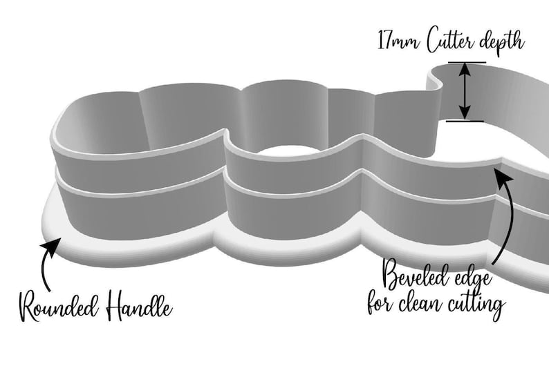 May include: A grey cookie cutter with a rounded handle and a beveled edge for clean cutting. The cutter depth is 17mm. The text on the image says "Rounded Handle" and "Beveled edge for clean cutting".