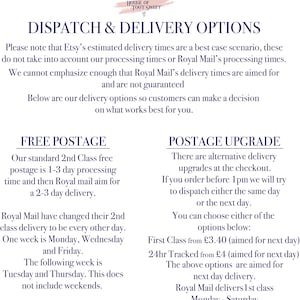 Może przedstawiać: Informatyczna grafika zatytułowana DISPATCH & DELIVERY OPTIONS od House of Toot Sweet. Tekst opisuje zasady wysyłki, w tym darmową dostawę z 1-3 dniowym czasem przetwarzania i 2-3 dniowym czasem dostawy, oraz opcje przyspieszonej wysyłki.
