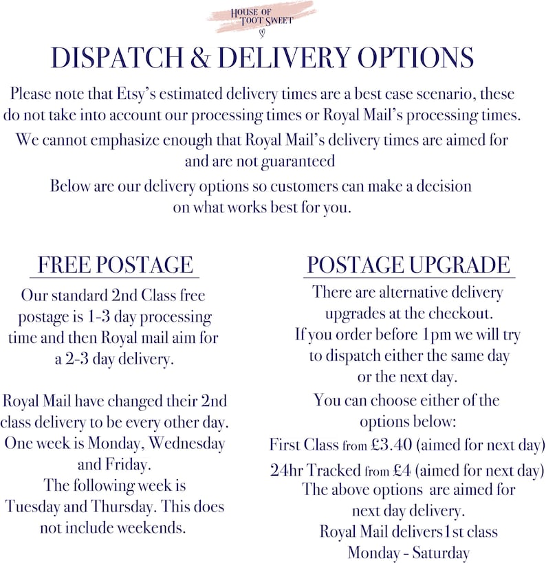 Może przedstawiać: Informatyczna grafika zatytułowana DISPATCH & DELIVERY OPTIONS od House of Toot Sweet. Tekst opisuje zasady wysyłki, w tym darmową dostawę z 1-3 dniowym czasem przetwarzania i 2-3 dniowym czasem dostawy, oraz opcje przyspieszonej wysyłki.