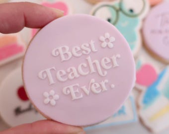Best Teacher Ever Retro - Fondant Deboss Raised Embosser Stamp for cookies & cupcakes - Back To School, Teach, Last Day Of School, Daisy