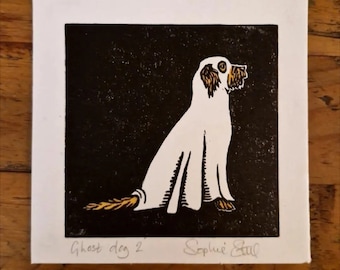 Ghost Dog: Hand printed lino cut, hand finished with watercolours. Unframed.
