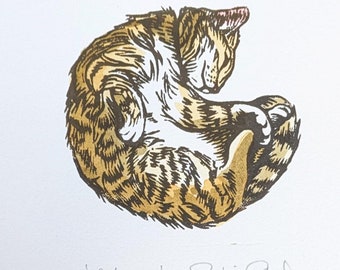 Cat Nap: handprinted lino print and watercolour, unframed