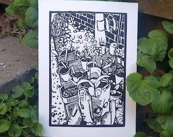 Potting Out: handprinted lino print, unframed.