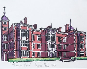 Charlton House handprinted lino print, unframed