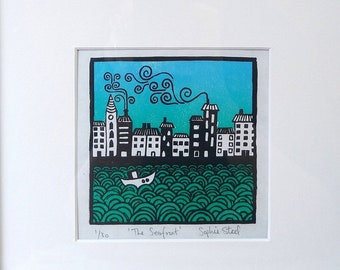 The Seafront: Limited edition handprinted lino print, unframed