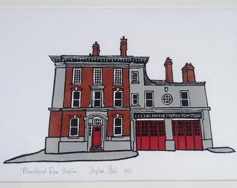 Plumstead Fire Station: handprinted lino print, unframed