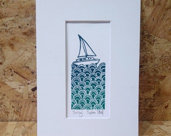 Sailing: handprinted lino print, unframed