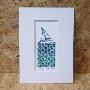 Sailing: handprinted lino print, unframed