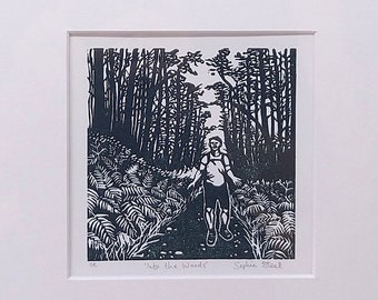 Into the Woods: handprinted lino print, unframed