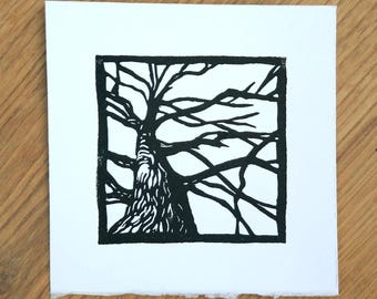 Mini Tree: hand printed lino cut. Unframed.