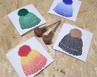 Linoprinted Bobble Hat Cards - A set of 4 colourful, handprinted cards.
