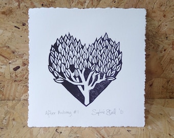 After Aubrey No. 1. An Aubrey Beardsley inspired botanical heart, hand printed lino print. Unframed.