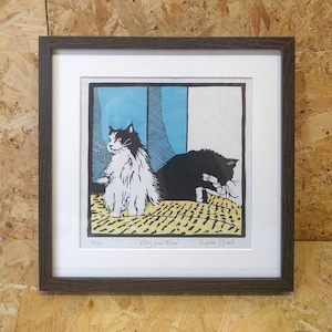 Kitty and Elmo: Limited edition handprinted lino print, unframed