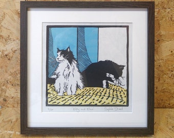 Kitty and Elmo: Limited edition handprinted lino print, unframed