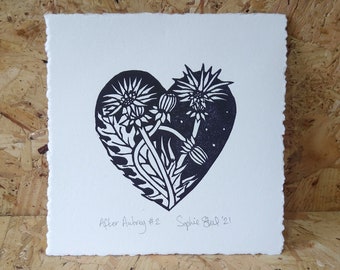 After Aubrey No. 2: An Aubrey Beardsley inspired dandelion heart, hand printed lino print. Unframed.
