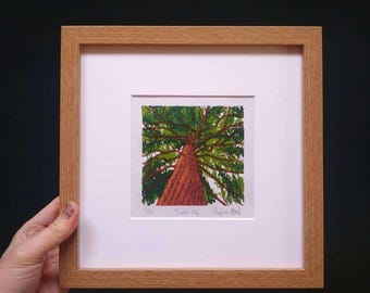 Look Up!: Kew Gardens giant redwood, hand printed lino cut, unframed.