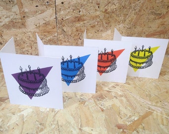 Linoprinted birthday cards - A set of 4 colourful,  handprinted, birthday cake cards.