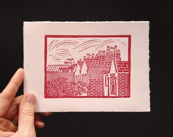 London Rooftops: handprinted lino print, unframed