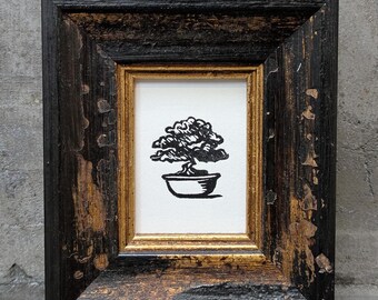 Bonsai: Mini hand printed lino cut. Unframed.