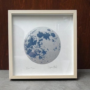 Blue Moon: handprinted lino print, unframed.