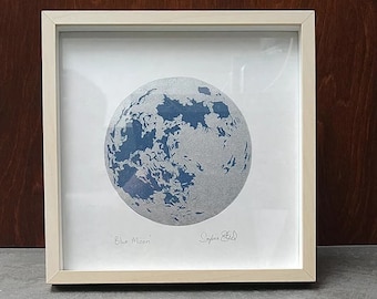 Blue Moon: handprinted lino print, unframed.